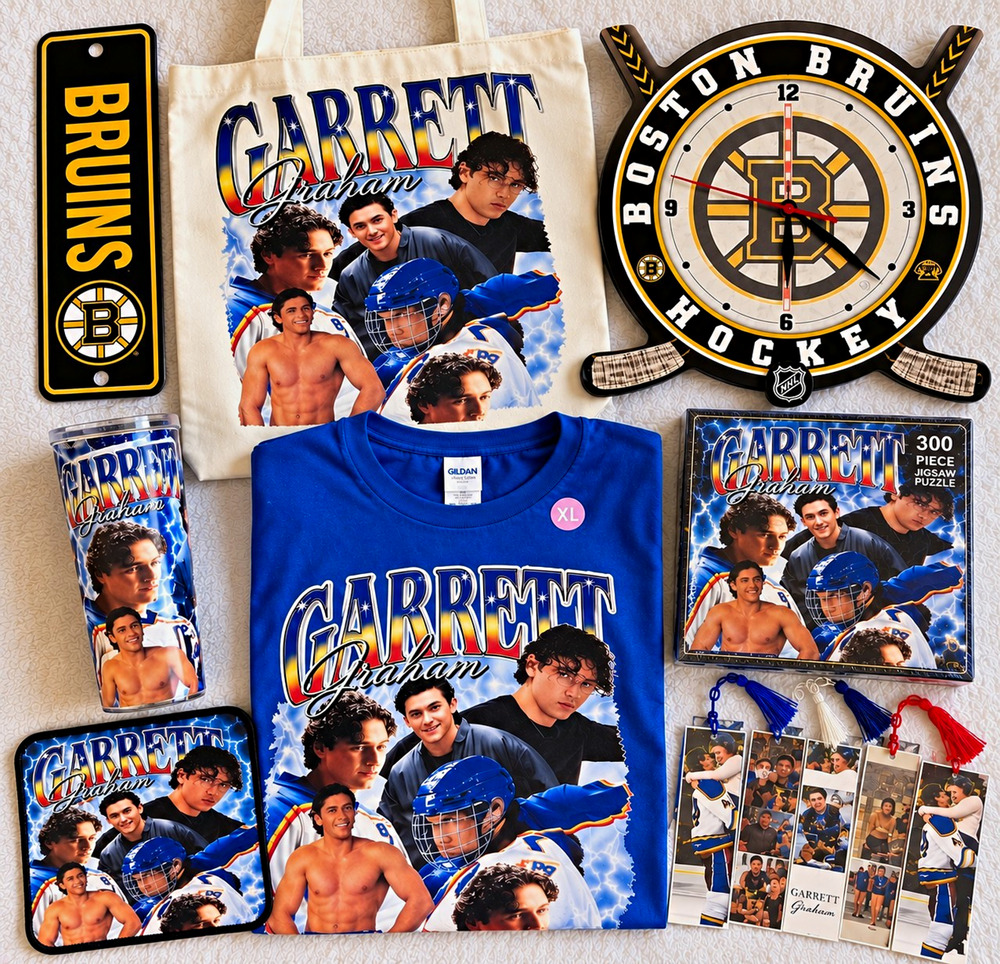Garret Graham Off Campus Hockey Fan Lot Blue XL T-Shirt w/ Clock, Sign, Tote Bag